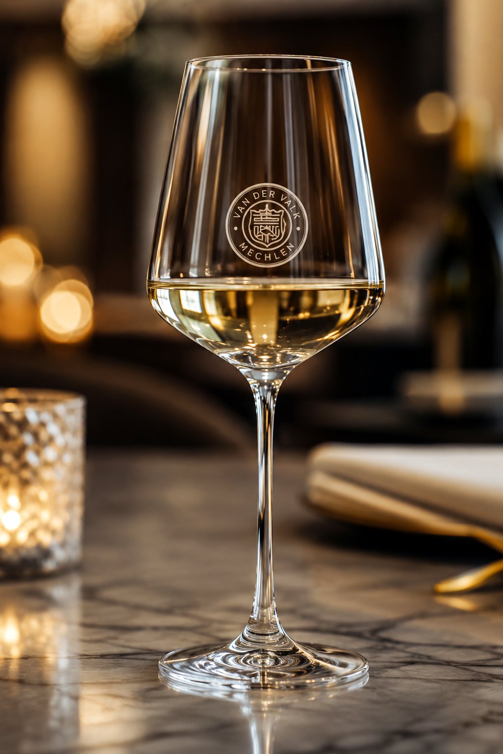 Hotel-branded etched wine glass